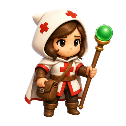 A fantasy medic in red and white clothing.