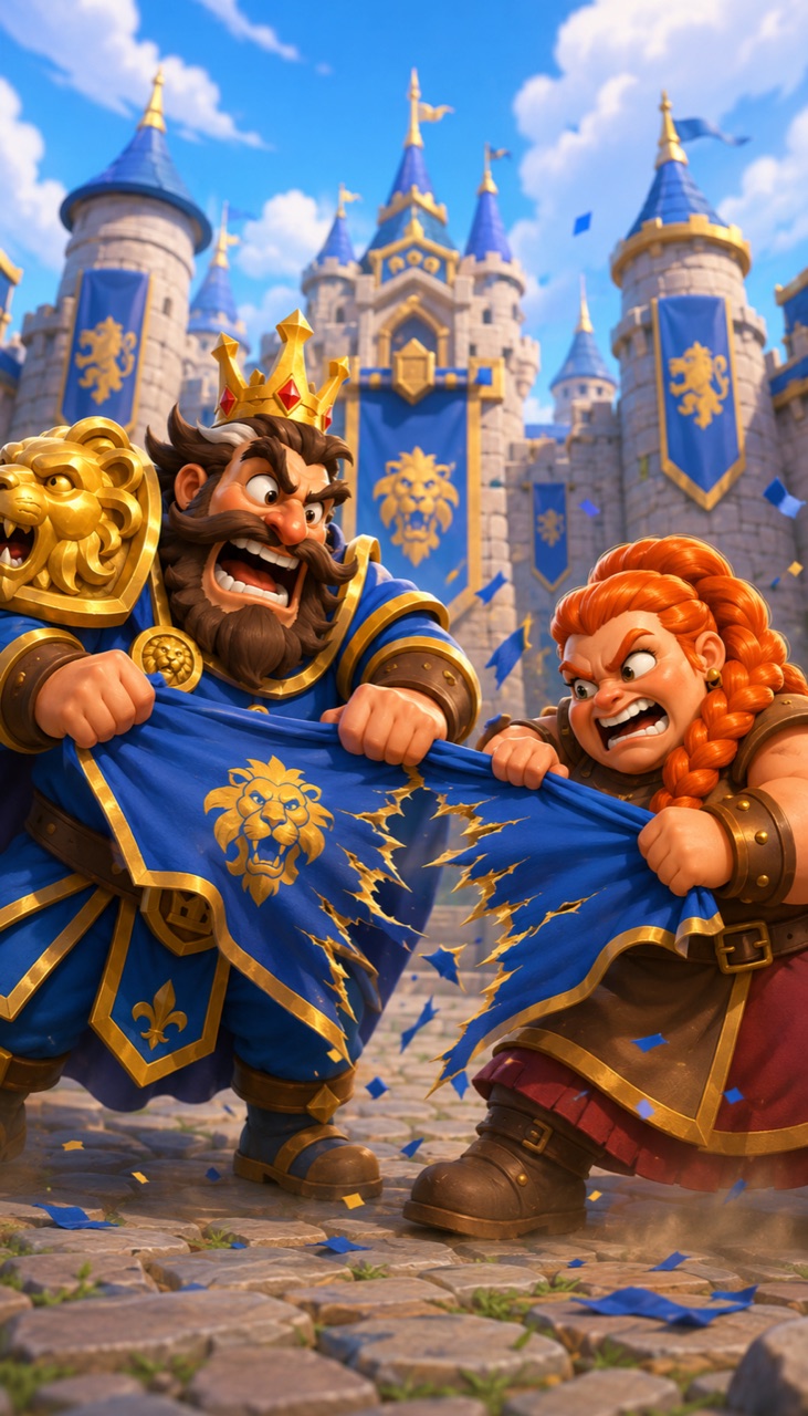 A king and a red-haired rival pull opposite ends of a torn blue banner outside a castle.